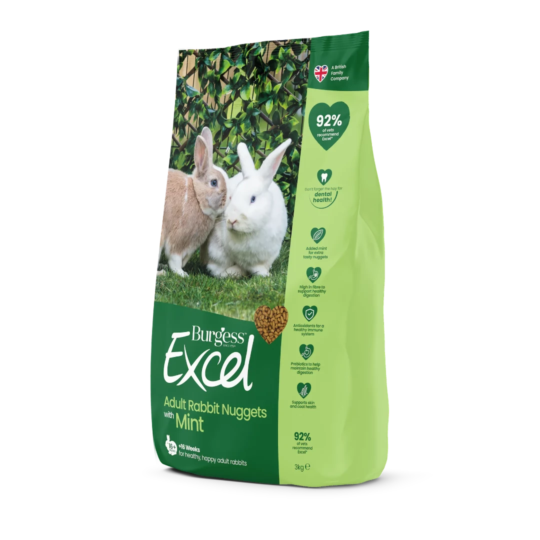 Burgess Excel Adult Rabbit Nuggets with Mint 3kg side view, pet essentials warehouse