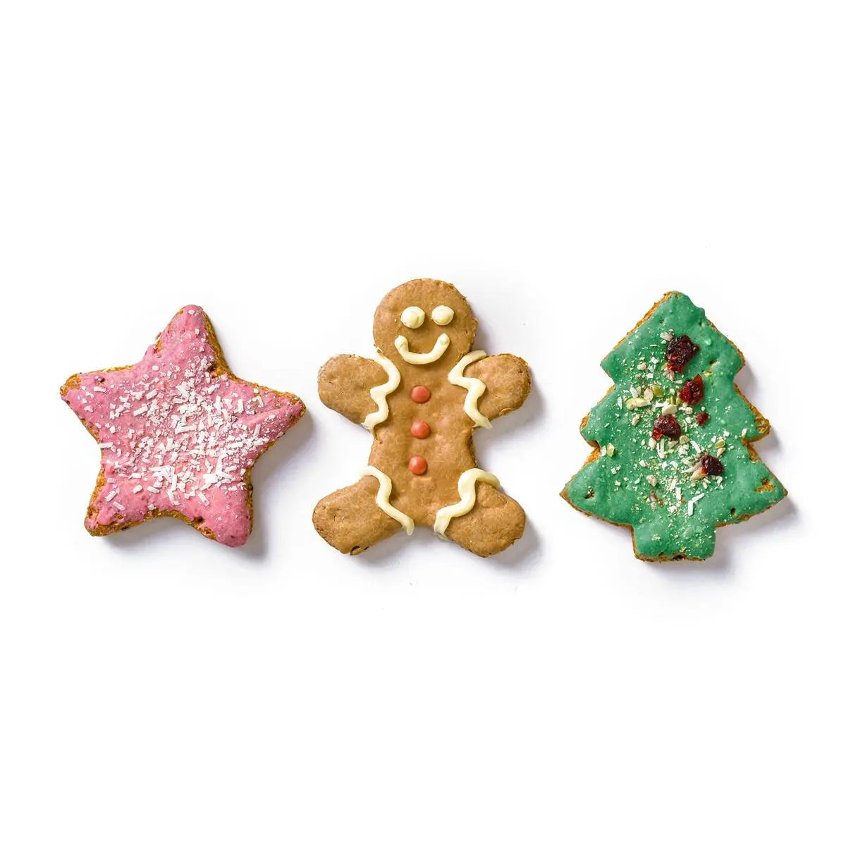 Christmas Iced Cookies Dog Treat, Pink Star, Peanut Butter Gingerbread Man, Christmas Tree, Pet Essentials Warehouse