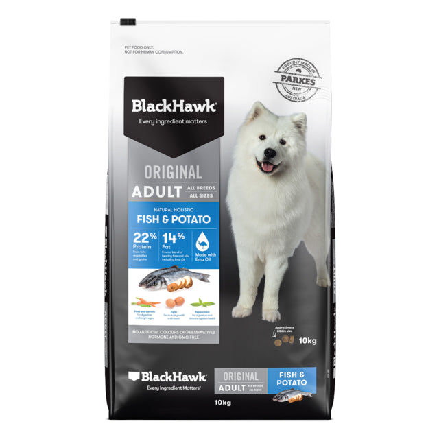 Black Hawk Original Adult Fish & Potato Dry Dog Food 10kg bag, Pet Essentials