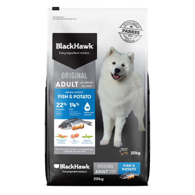 Black Hawk Original Adult Fish & Potato Dry Dog Food 20kg, Shop online for dog food, Pet Essentials Warehouse