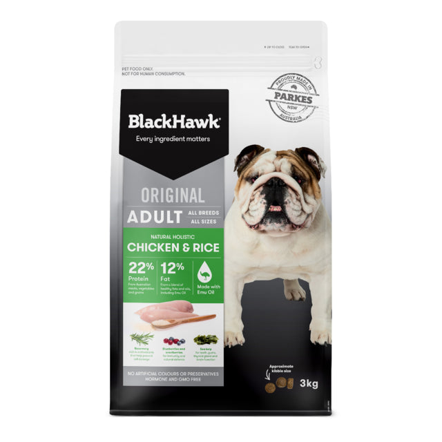 Black Hawk Original Adult Chicken & Rice Dry Dog Food 3kg bag, Pet Essentials Warehouse