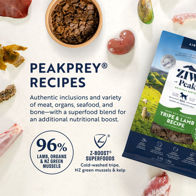 ZiwiPeak Dog Air Dried Tripe & Lamb, Lamb and tripe dog food, Ziwipeak dog food, Lamb dog food, NewZealand Made, Newzealand lamb and tripe, Pet Essentials Warehouse, Poster, single protein dog food