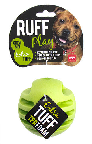 Ruff Play Foam Treat Ball Dog Toy with ruffplay logo, staffy dog breed, enrichment dog toys, pet essentials warehouse