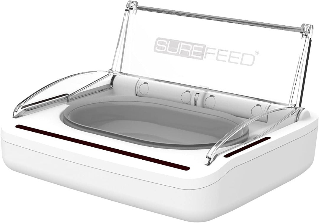 SureFeed Sealed Pet Bowl with the lid open, surepet care motion bowl with the lid open, pet essentials warehouse