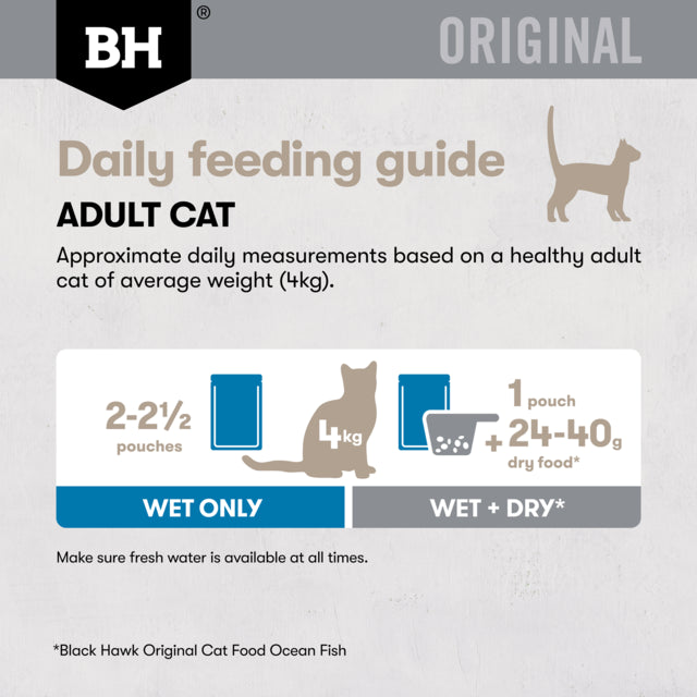 Black Hawk Original Adult Chicken & Seafood in Gravy Wet Cat Food, Daily Feeding Guide, Pet Essentials