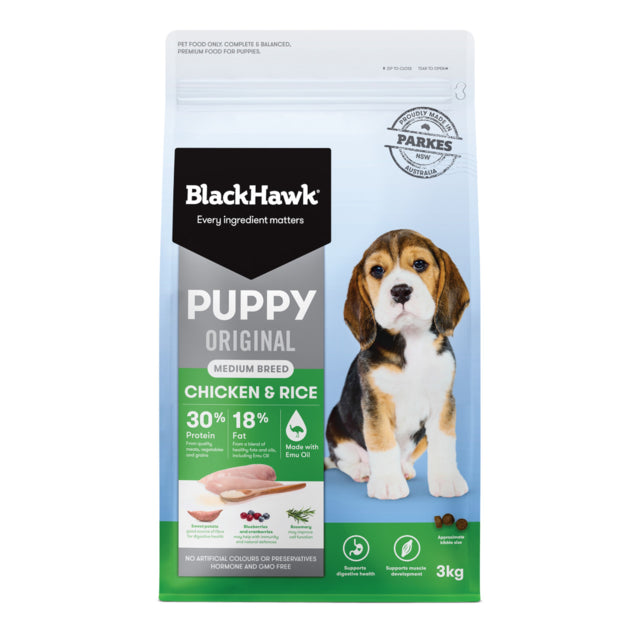 Black Hawk Original Medium Breed Puppy Chicken & Rice 3kg bag, Masterpet, Black Hawk, Pet Essentials Warehouse