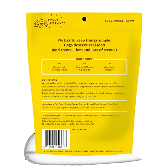 Bocce's Bac'n Nutty Training Bites Dog Treats, Back of bag, Barcode for Bocces treats, Pet Essentials Warehouse