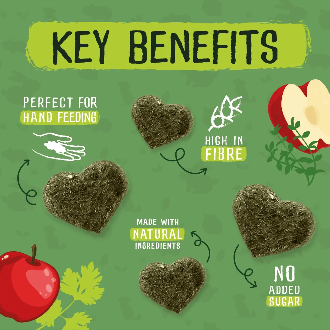 Burgess Excel Herby Hearts Treats with apples, burgess rabbit treats, pet essentials warehouse