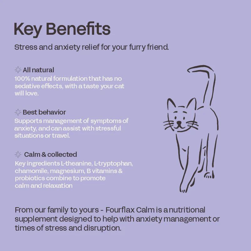 Fourflax Feline Calm Key Benefits, Calming for cats, Pet Essentials Warehouse