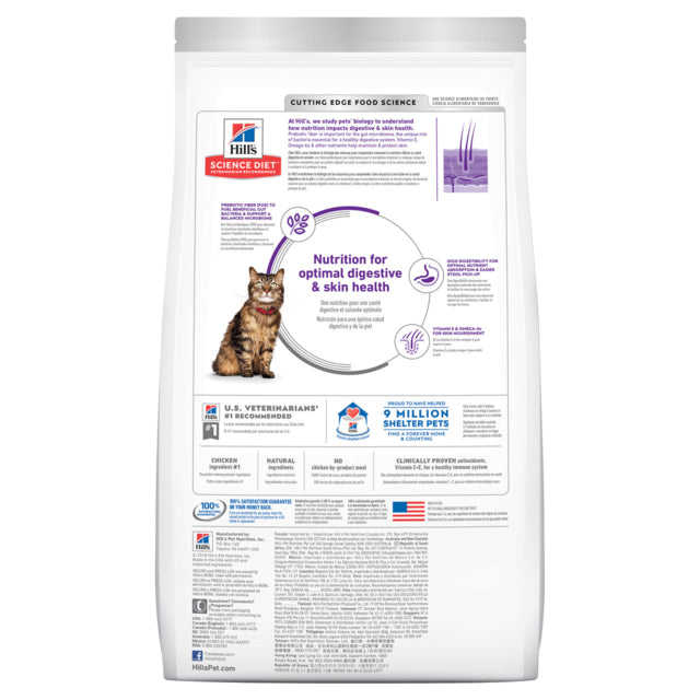 Hill's Science Diet Adult Sensitive Stomach & Skin Dry Cat Food, Back of hills bag, Sensitive skin and stomach cat food, Pet Essentials Warehouse 