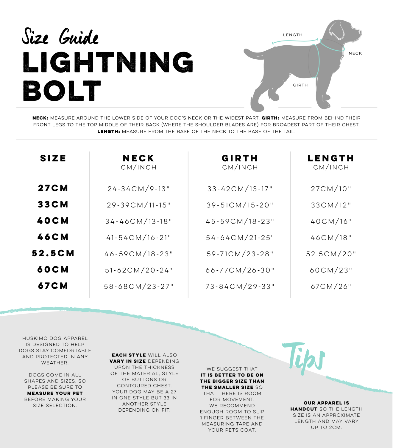 Huskimo Lighting Bolt Olive Dog Coat, Size Guide, Pet Essentials Warehouse