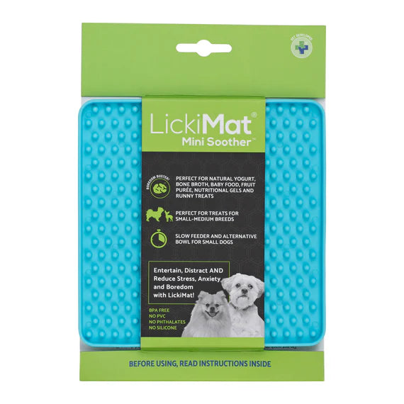 Lickimat Classic Mini Soother, blue licki mat, Helps with stress in dogs, Helps slow down eating, Pet Essentials Warehouse