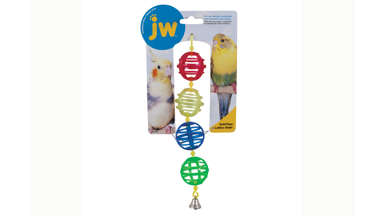 JW ActiviToy Lattice Chain, Budgie on packaging JW ActiviToy Lattice Chain, pet essentials warehosue