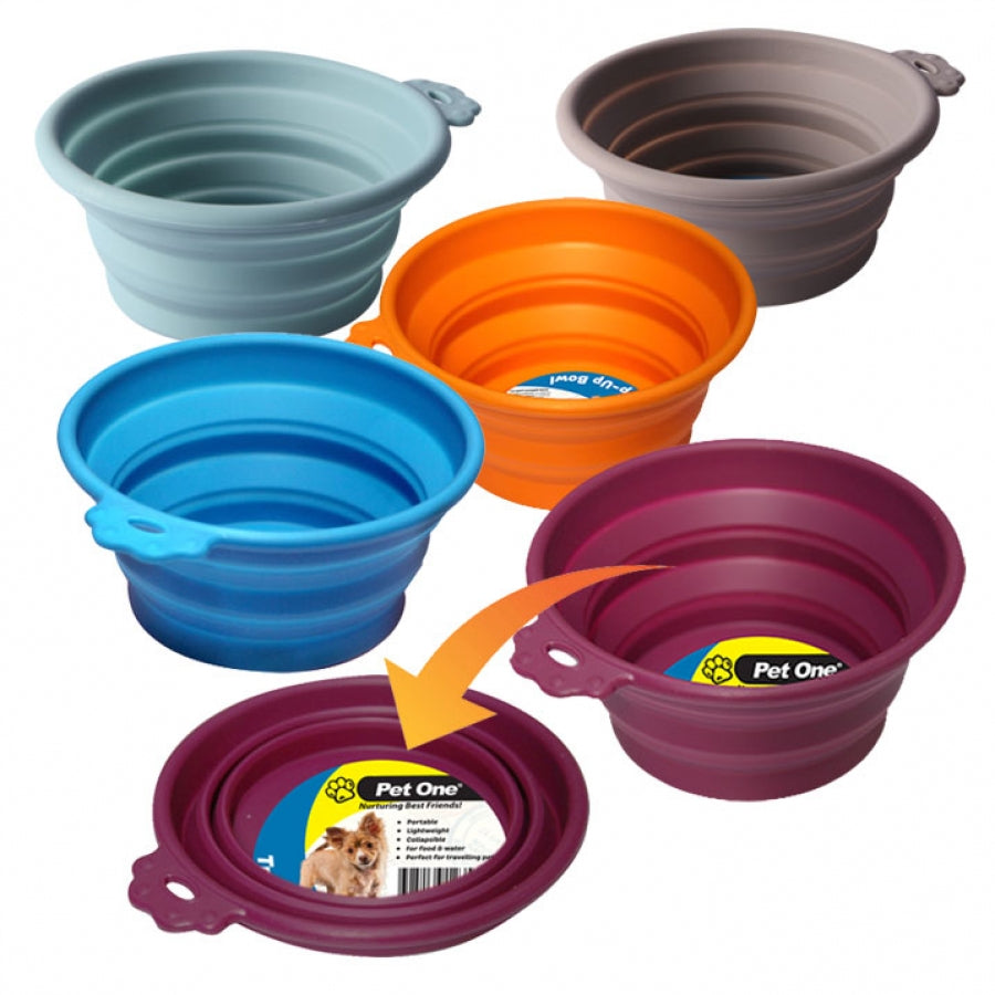 Pet One Silicone Round Travel Pet Bowl assorted colours, pet essentials warehouse, pet city