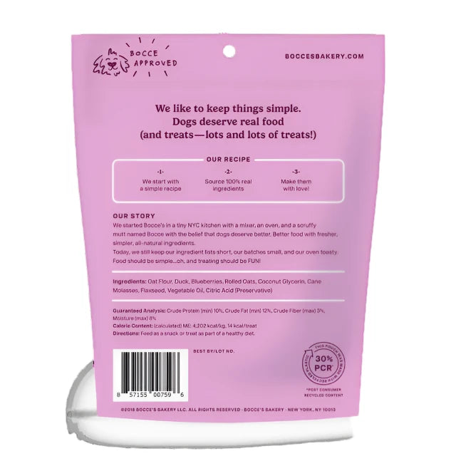 Bocce's Quack Quack Quack Soft & Chewy Dog Treats, Barcode, Back of packaging, Pet Essentials Warehouse