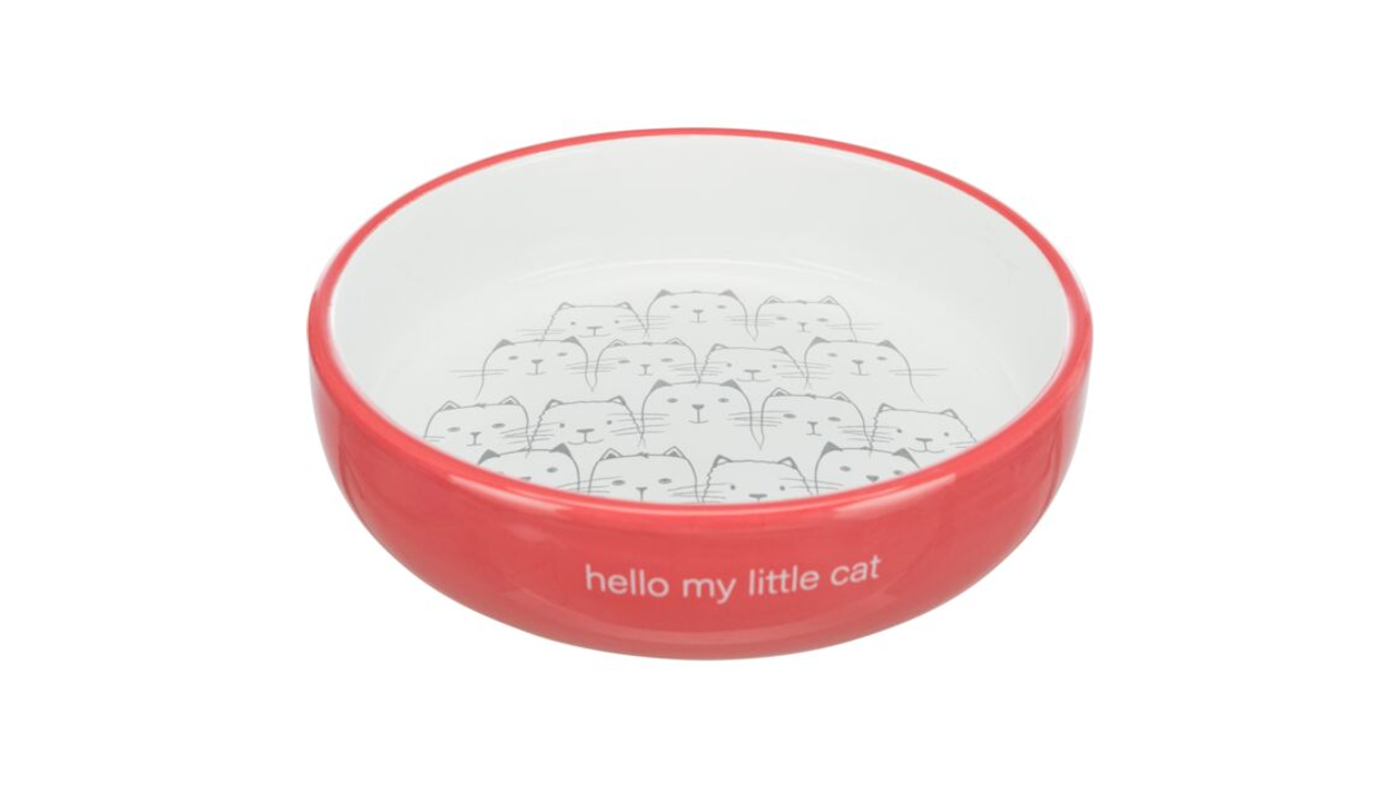 Trixie Ceramic Cat Dish for Short-Nosed Breeds, pink cat bowl, cat bowl with "hello my little cat", Pet Essentials warehouse