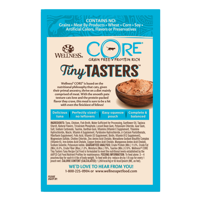 Wellness Core Tiny Tasters Tuna Pate Wet Cat Food, Tiny Tasters, ingredient list, Pet Essentials Warehouse