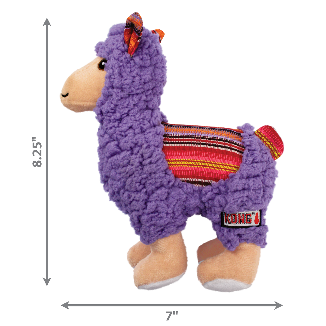 Kong Sherps Llama purple dog toy, size guide, pet essentials warehouse