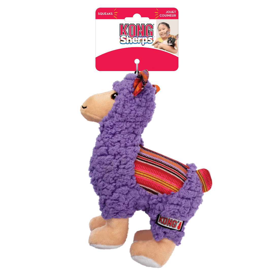 Kong Sherps Llama Plush Dog Toy packaging, pet essentials warehouse