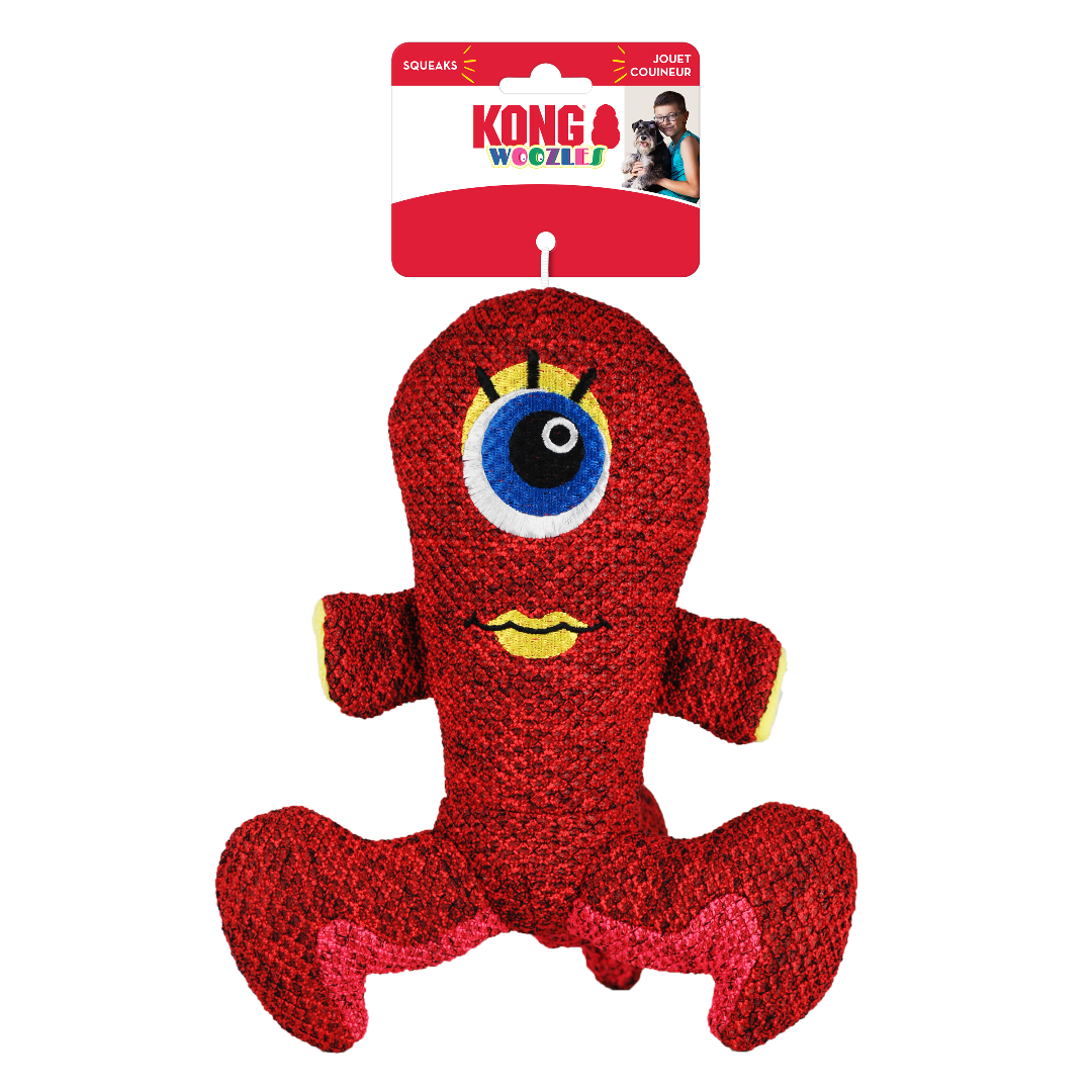 Kong Woozles Plush Squeaker red Alien Dog Toy, Pet Essentials warehouse