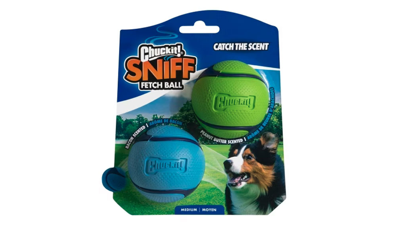 Chuckit Sniff Fetch Ball Bacon & Peanut Butter 2pk flavor, pet essentials warehouse