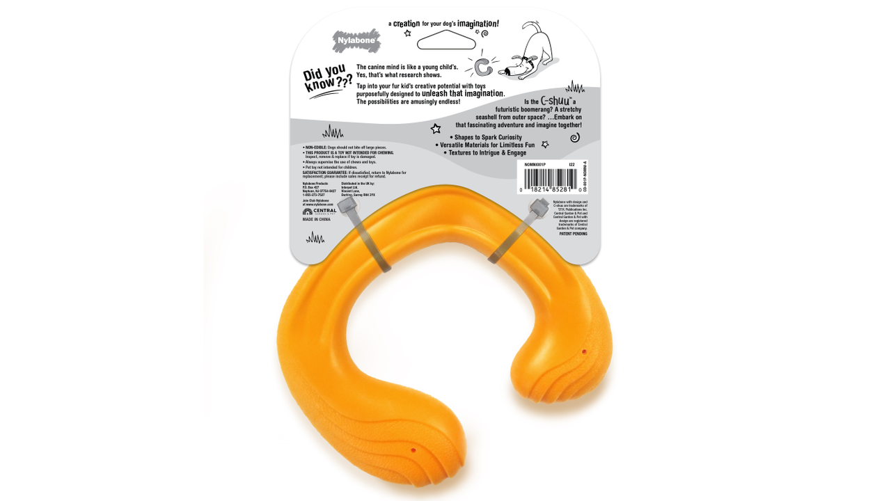 Nylabone Creative Play C-Shuu, back of packaging, pet essentials warehouse