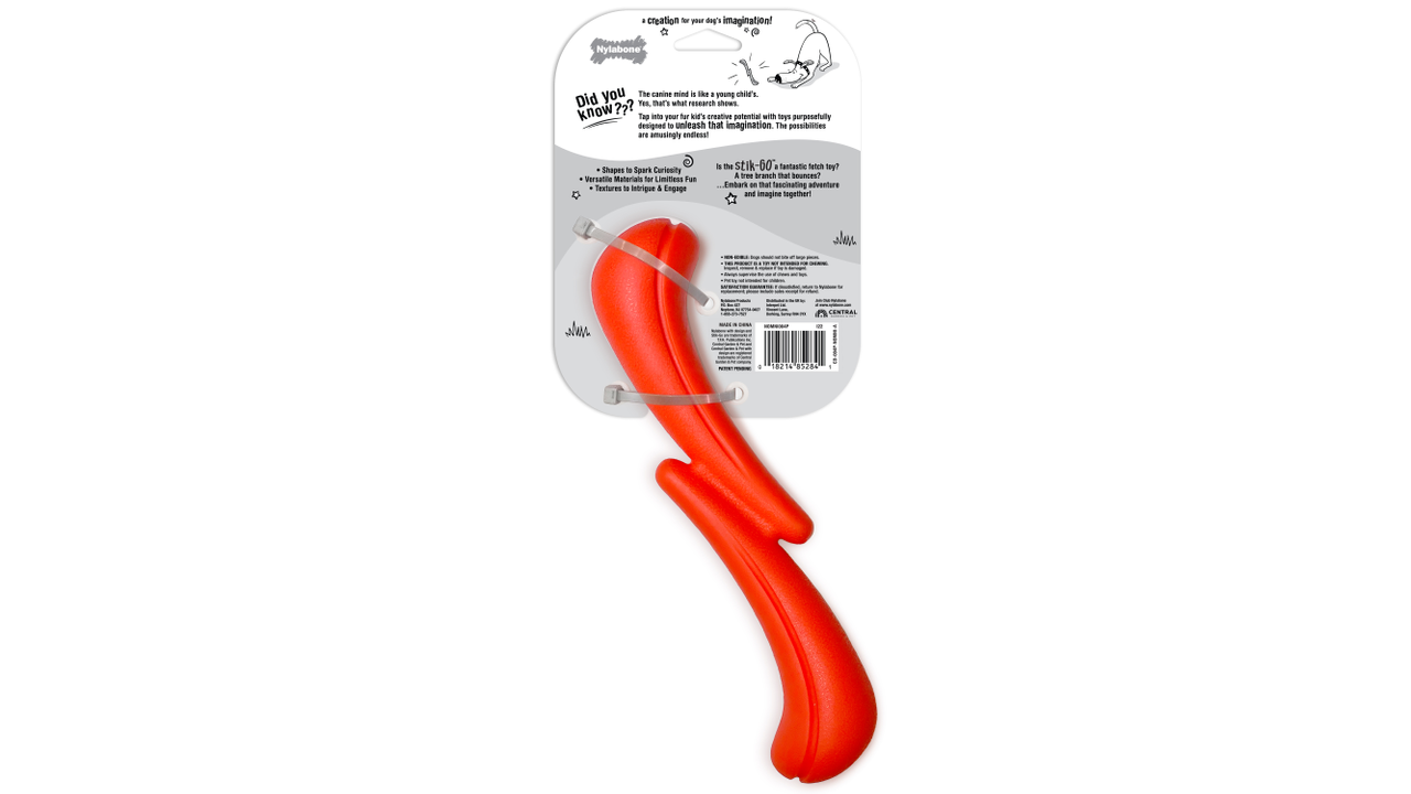 Nylabone Creative Play Stik-Go, Barcode, back of packaging, dog toy, Pet Essentials Warehouse