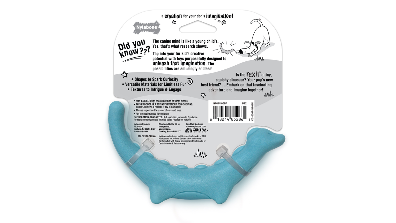 Nylabone Creative Play Rexii, Back of Packaging, Barcode, Dog Toy, Pet Essentials Warehouse