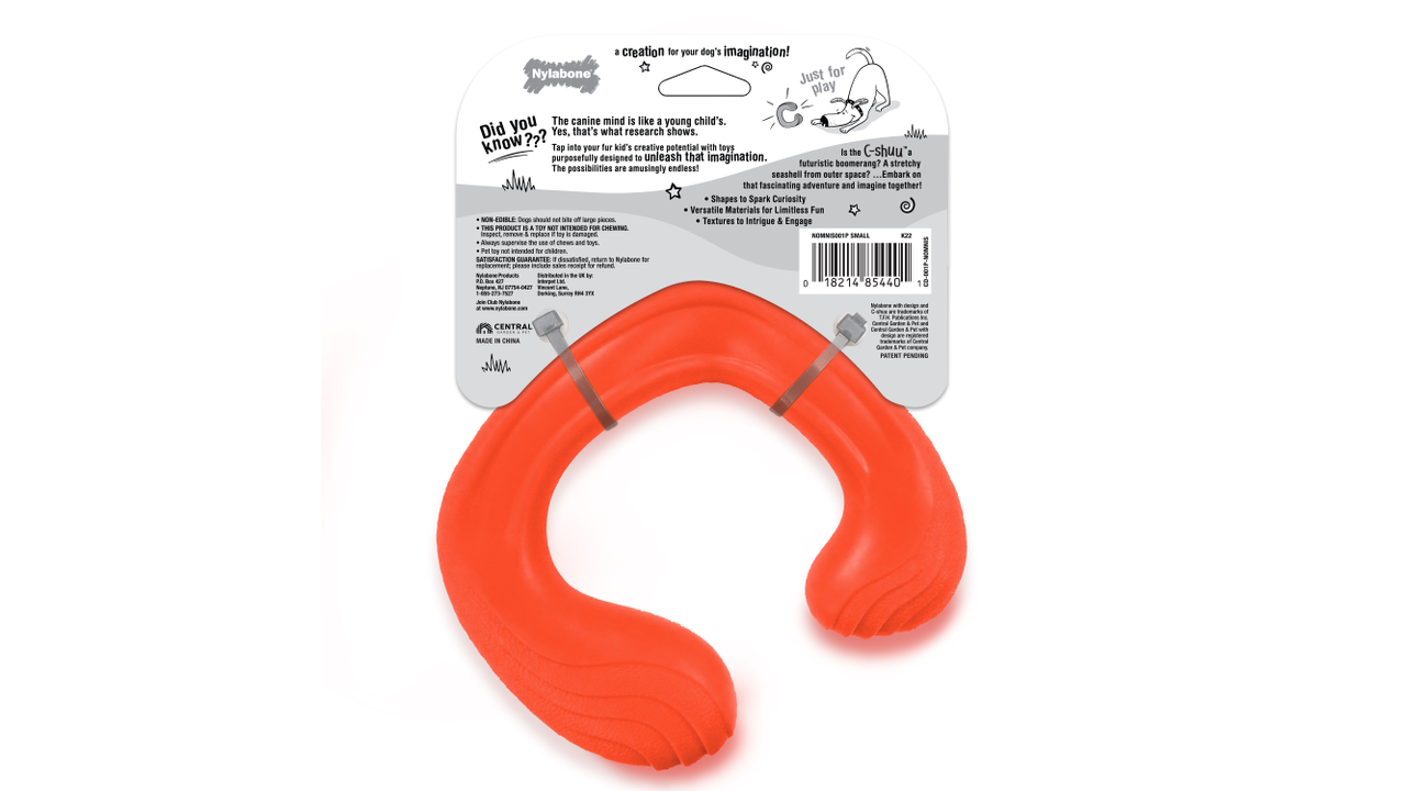 Nylabone Creative Play C-Shuu, back of packaing, small red, nylabone 