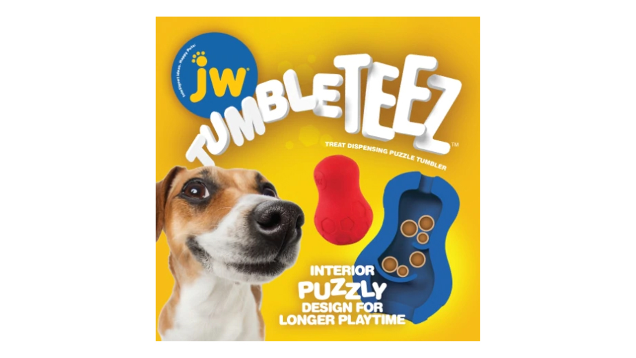 JW Tumble Teez Dog toy poster, pet essentials warehouse