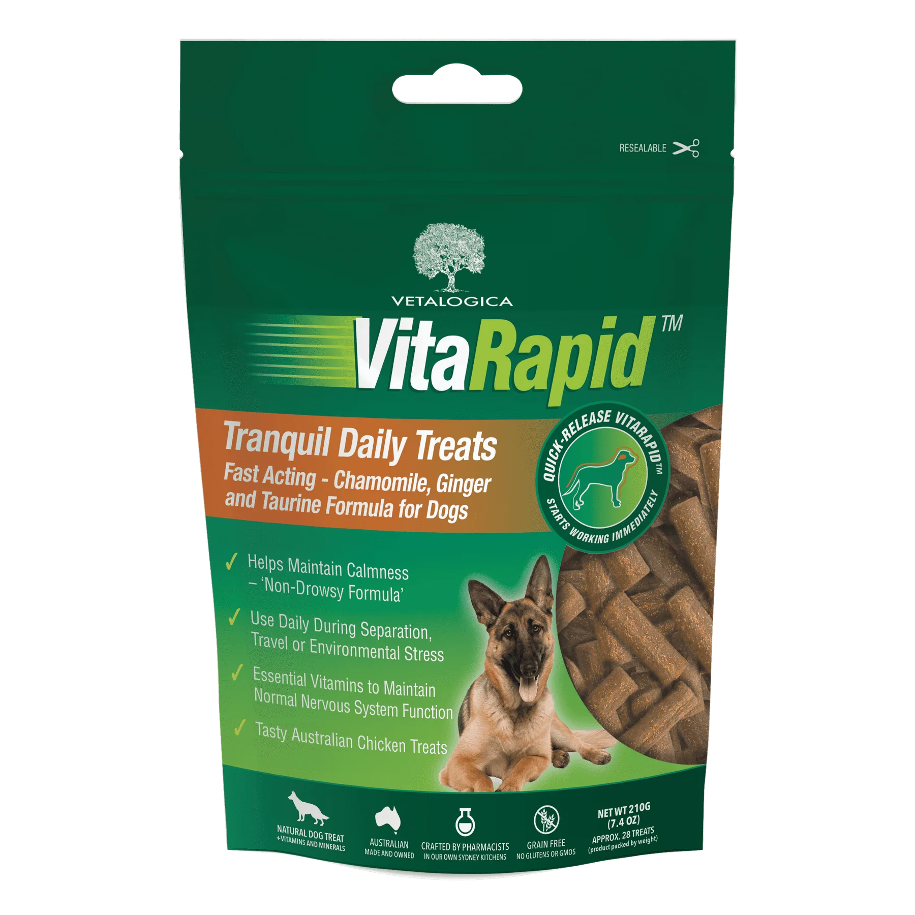 Vetalogica VitaRapid Tranquil Daily Calming Dog Treat 210g bag, pet essentials warehouse, dog calming treats