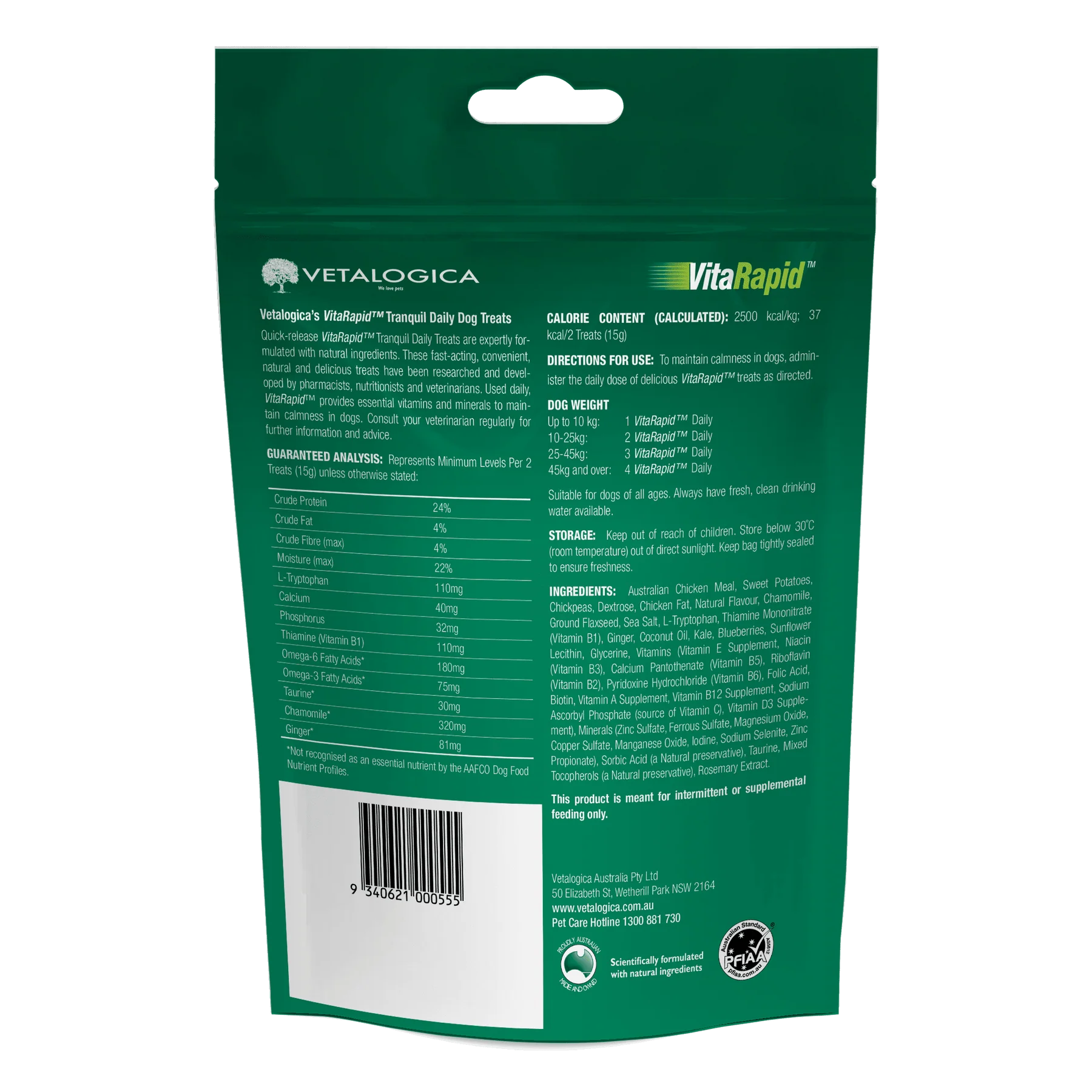 Vetalogica VitaRapid Tranquil Daily Calming Dog Treat barcode, pet essentials warehouse, dog calming treats,