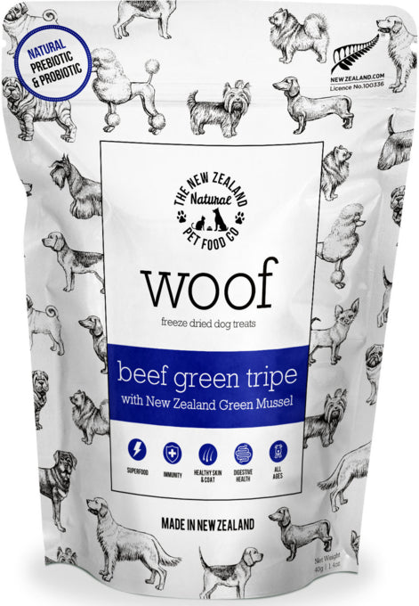 The NZ Natural Pet Food Co Woof Beef Green Tripe & Mussel Freeze Dried Dog Treats, nz made dog treats, treats for dogs, pet essentials Warehouse