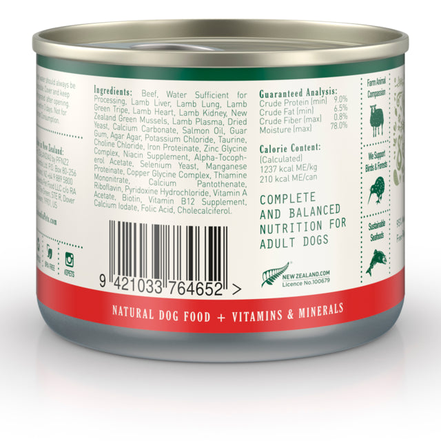 Zealandia Beef Pate Wet Dog Food, Barcode, Zealandia back of can, Complete and balanced dog food, Pet Essentials Warehouse