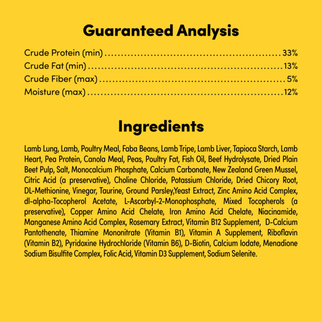 Animals Like Us RawMix 33 Lamb Dog Food, Ingredient list, Guaranteed analysis, Pet Essentials Warehouse