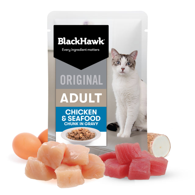 Black Hawk Original Adult Chicken & Seafood in Gravy Wet Cat Food, Cat wet food, Wet food for cats, Chicken and seafood wet food for cats, Pet Essential Warehouse