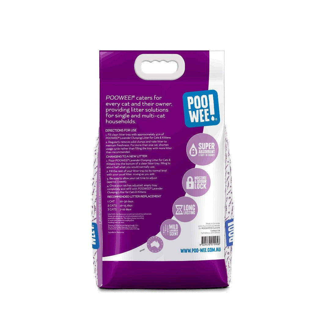 PooWee Clumping Lavender cat litter 7.5kg barcode, pet essentials warehouse