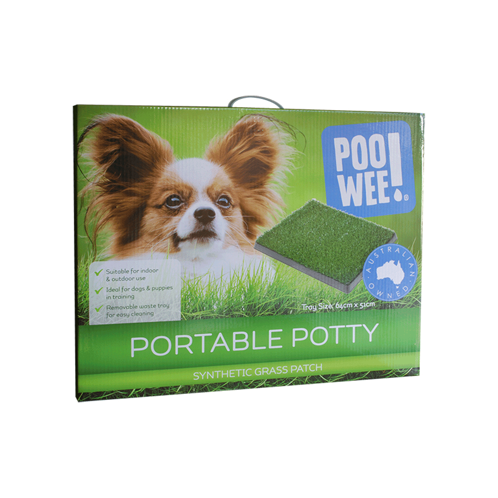 Poowee Grass Portable Potty in a box with PooWee logo, pet essentials warehouse