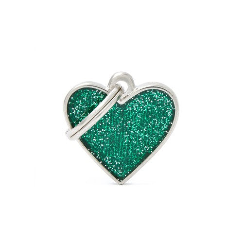 My Family Glitter Heart Green Tag, Tag for pets, ID tags, pet Essentials Warehouse