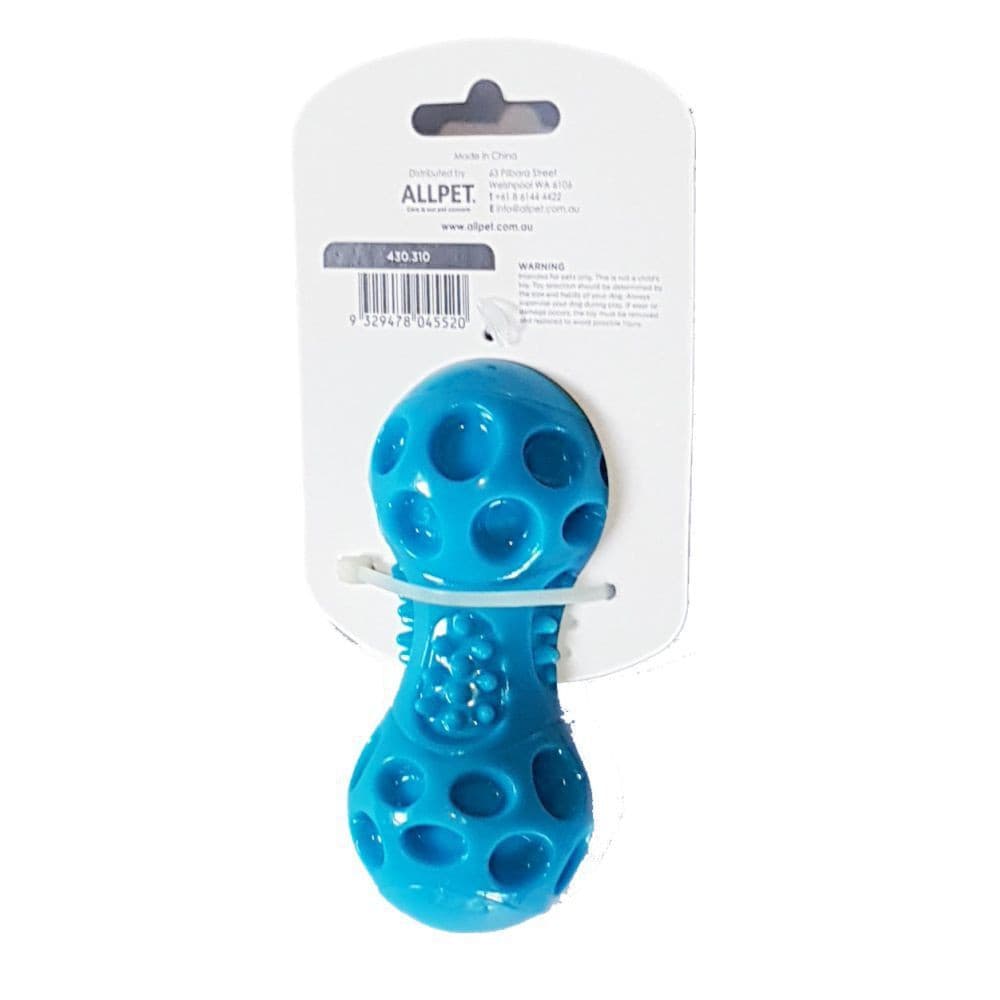 Ruff Play Rubber Squeak Dumbell 12cm Dog Toy, Pet Essentials Napier, Pet Essentials Porirua, Bone rubber toy for dogs, Ruff Play dog toy packaging barcode, 430.310