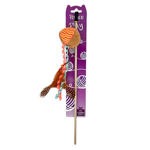 Cat Teaser Wand Wooden With Feather Teaser & Ball 46cm, Allpet NZ, Pet Essentials Napier, Pets Warehouse, Pet Essentials porirua, cat toys nz, bird toys, drum toy for birds, Cat Teaser Wand Leopard With Feather 46cm