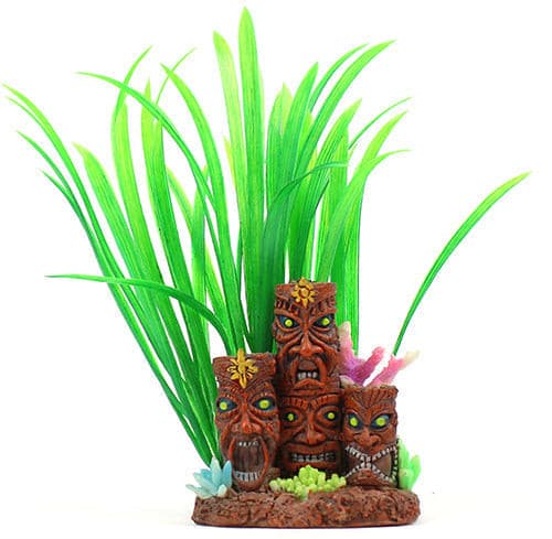 Aqua Care Ornament 3 Tikis with Plant 22cm, Pet Essentials Warehouse, Pet City, fish tank ornaments