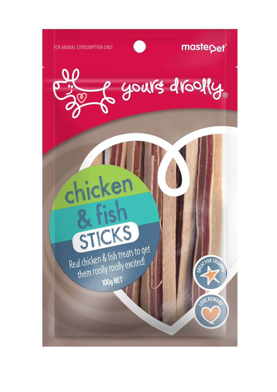 Yours Droolly Chicken & Fish Sticks Made using only the best ingredients, Yours droolly treats use real meat and include only the essentials. No carcases, offcuts, bone or fillers. Yours Droolly Chicken and fish sticks can be broken into small pieces,  Great for training or rewarding. Pet Essentials Napier, Pets Warehouse