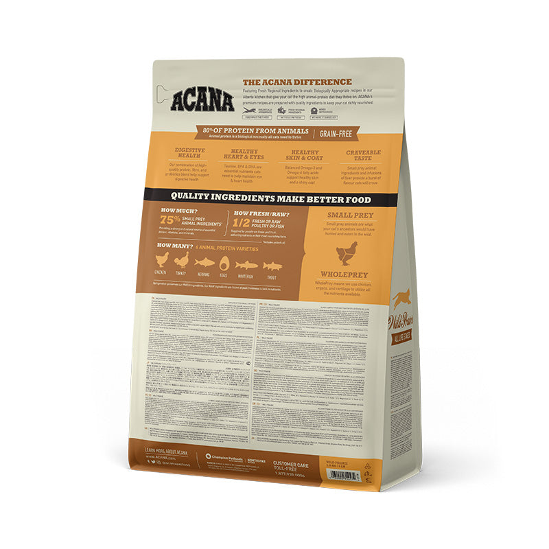 Acana Cat Wild Prairie back of the packaging, pet essentials warehouse