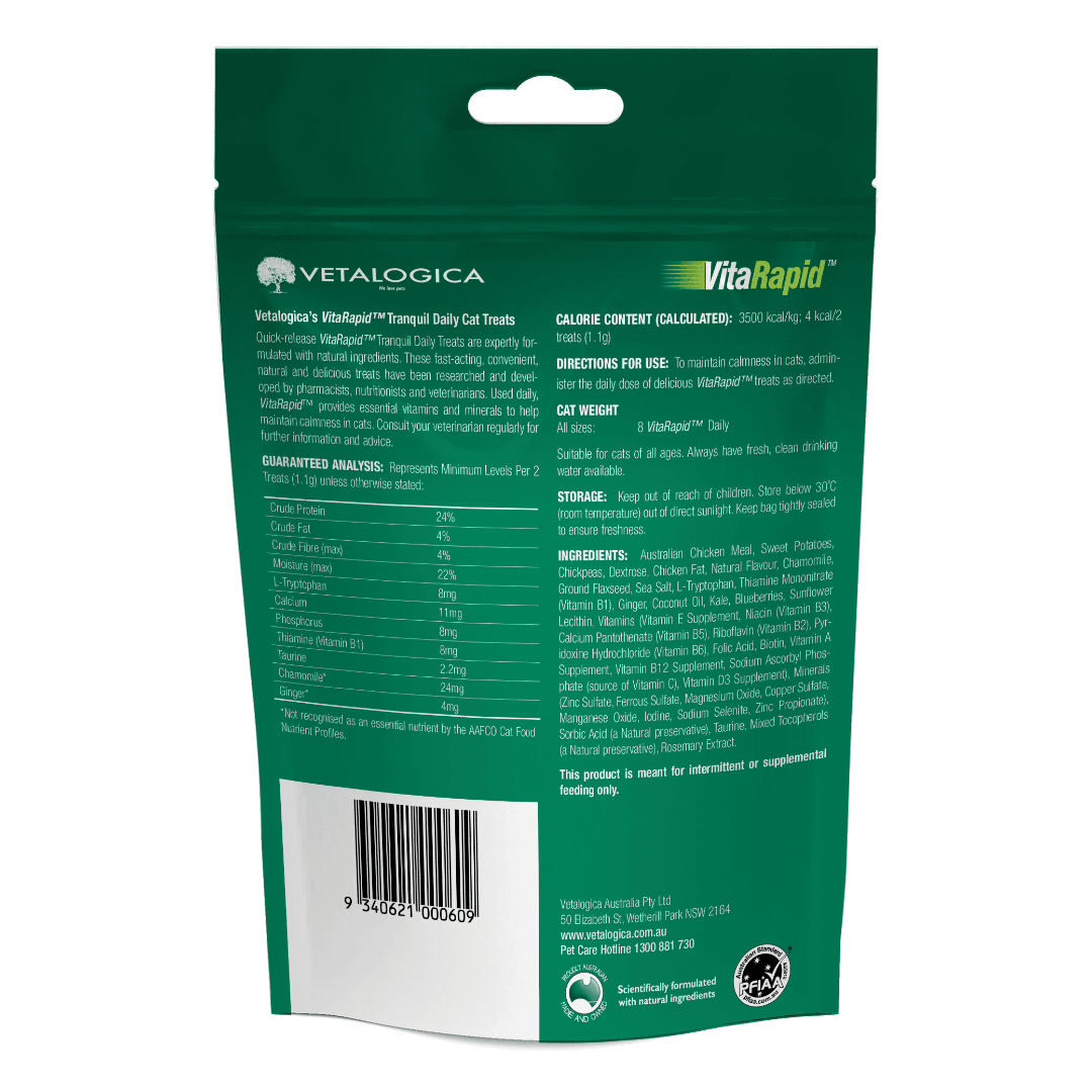 VITARAPID® TRANQUIL DAILY TREATS FOR CATS 100g barcode image, back of packaging, pet essentials warehouse